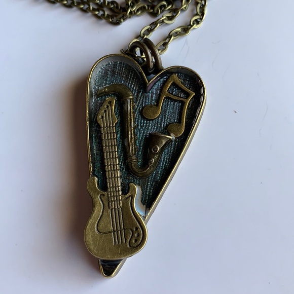 Music Guitar saxophone 3D Layered Heart Necklace Handmade One of a Kind - Picture 2 of 7